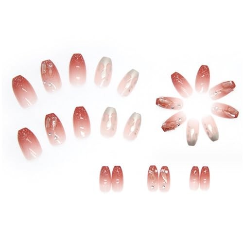 Hkanlre Rhinestone Coffin Medium Fake Nails Tips 24PCS Bling Press-On Nails for