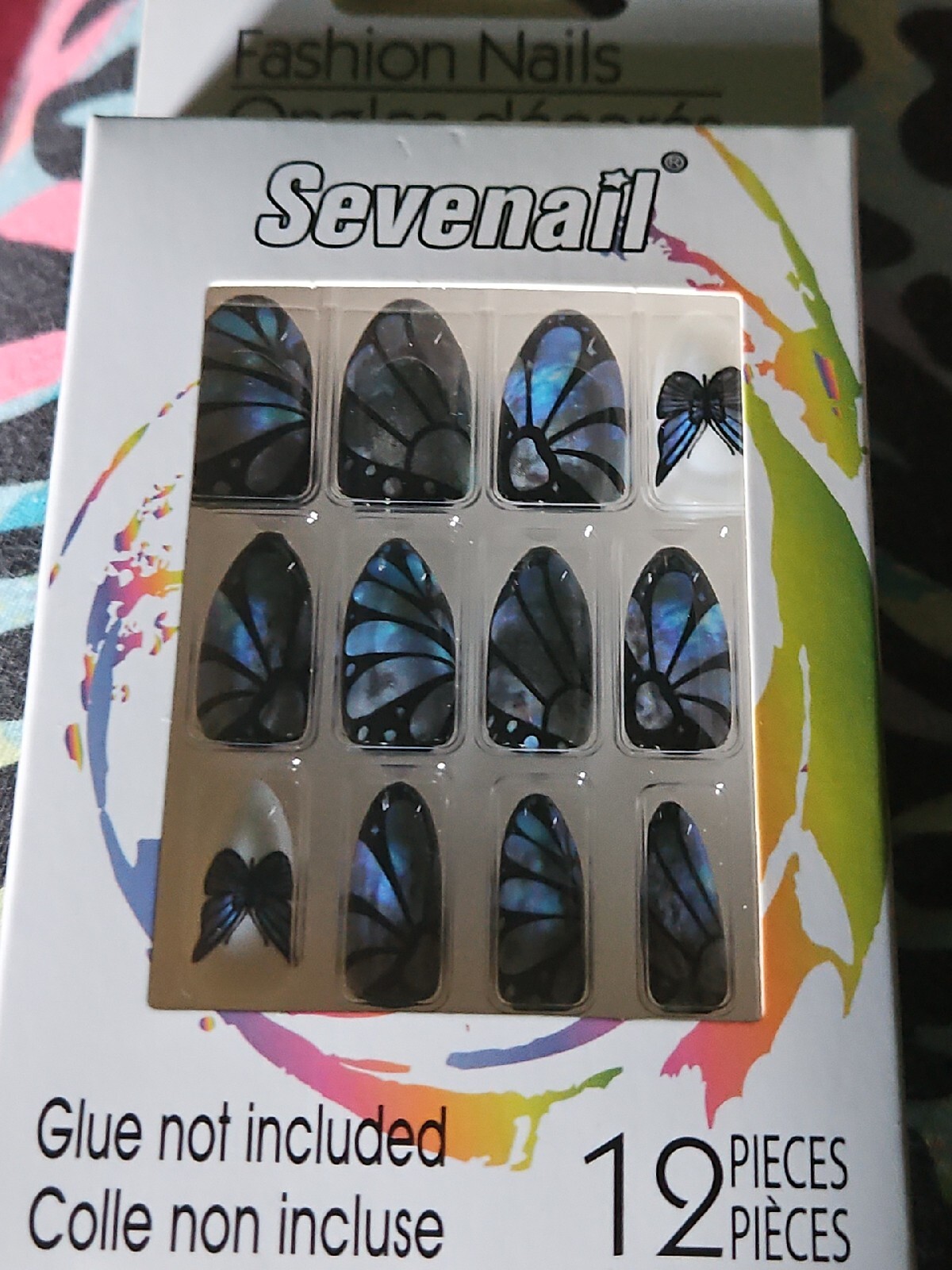 12 Piece Fashion Nails Set Glue On Coffin Shape Blue Butterfly White 🦋