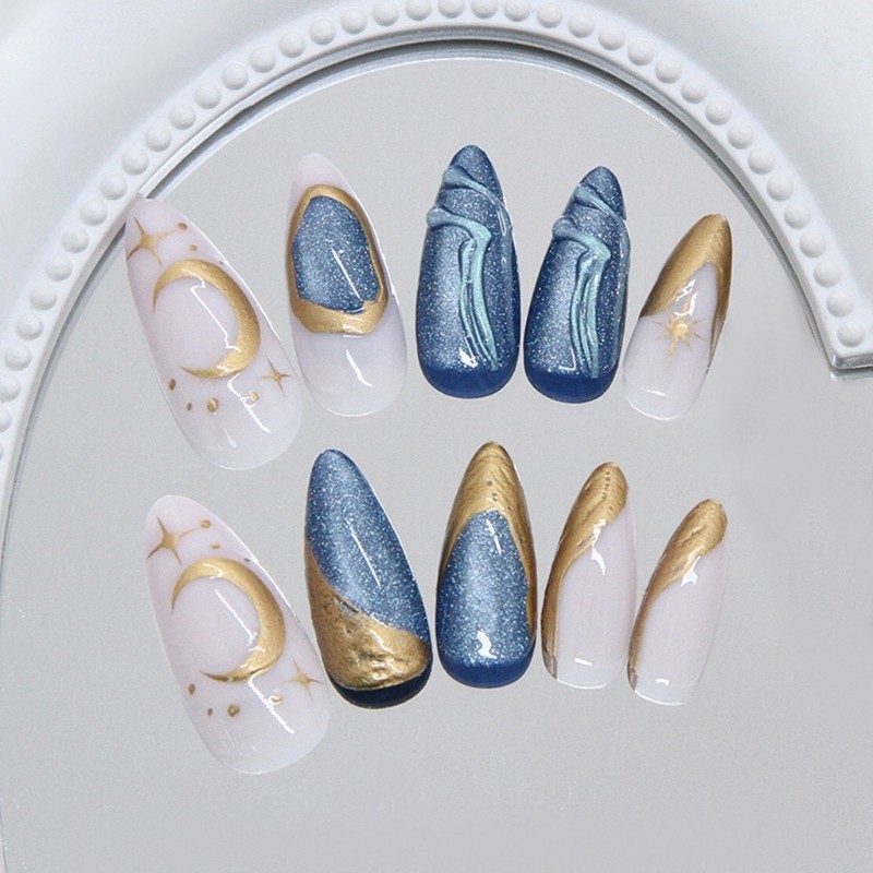 24Pcs False Nail Including Shimmering Cats Eye Design and Deep Sea Star Glamours