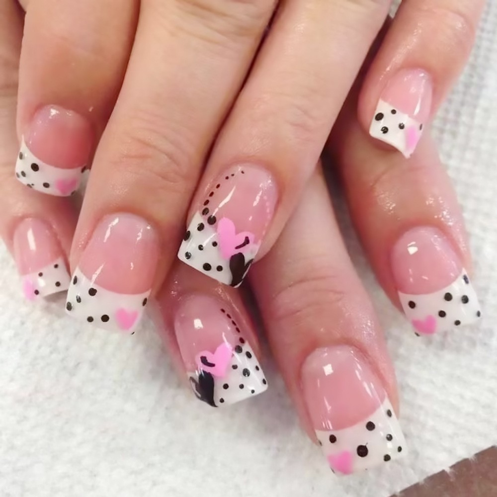 24pcs White/Red Polka Dot 3D Heart Press-On Nails. Waterproof, Reusable Gift.