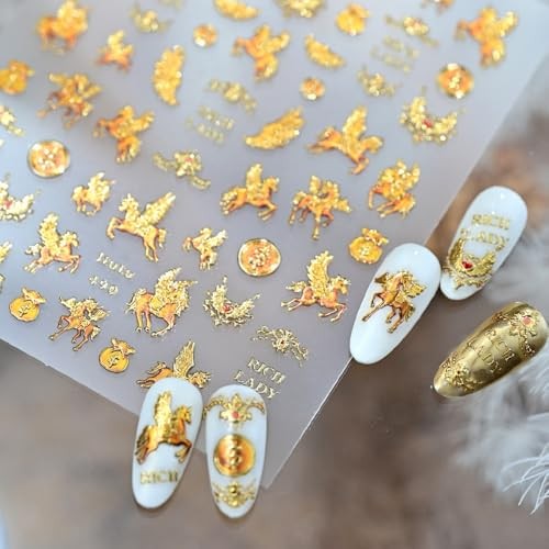 Gold Nail Stickers 5D Embossed Horse Animal Prints Nail Decals Soaring Color 7