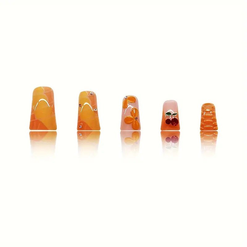 24pcs-Summer Inspired Nail with Pink and Orange Base, Rhinestones and 3D Accents