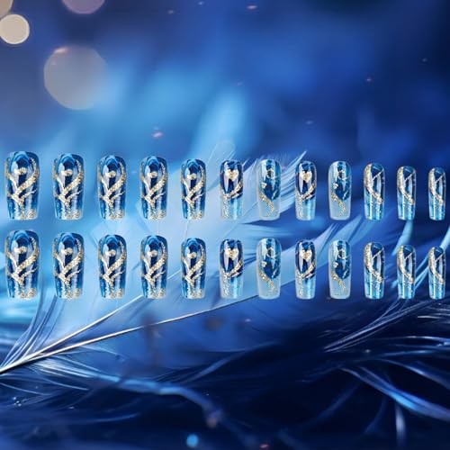 24Pcs Gold Curve Line Press on Nails Sea Acrylic Fake Nail Glossy Blue Seaweed