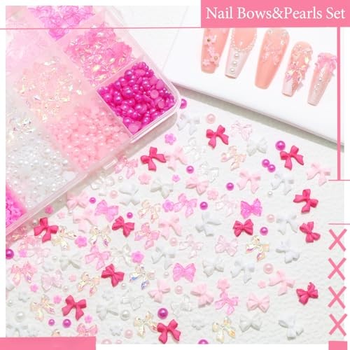Pink Assorted Nail Charms Set Multiple Style Nail Bows White Pink&White-2