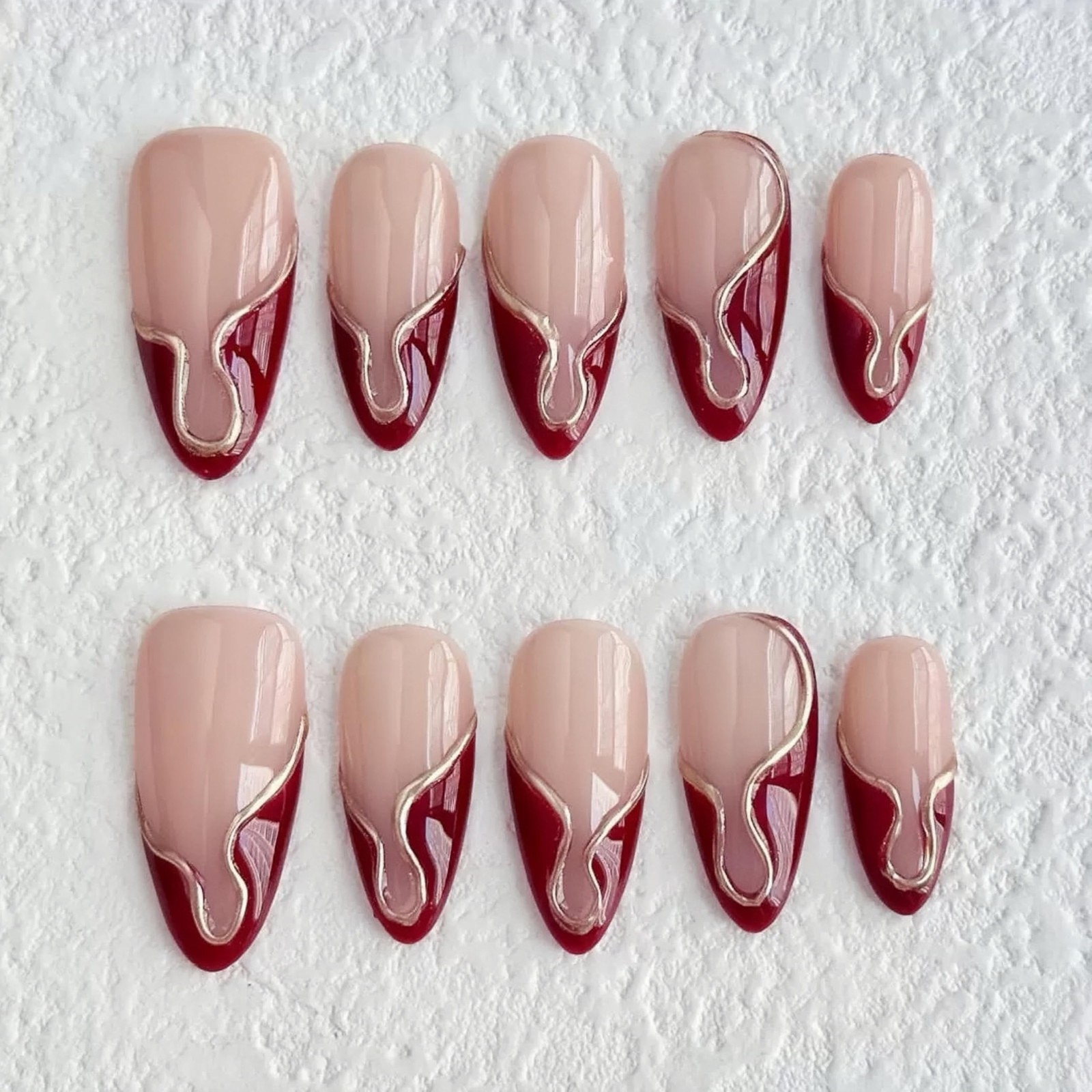 Press on Nails Medium Almond 3D Wine Red French Tip Fake Nails