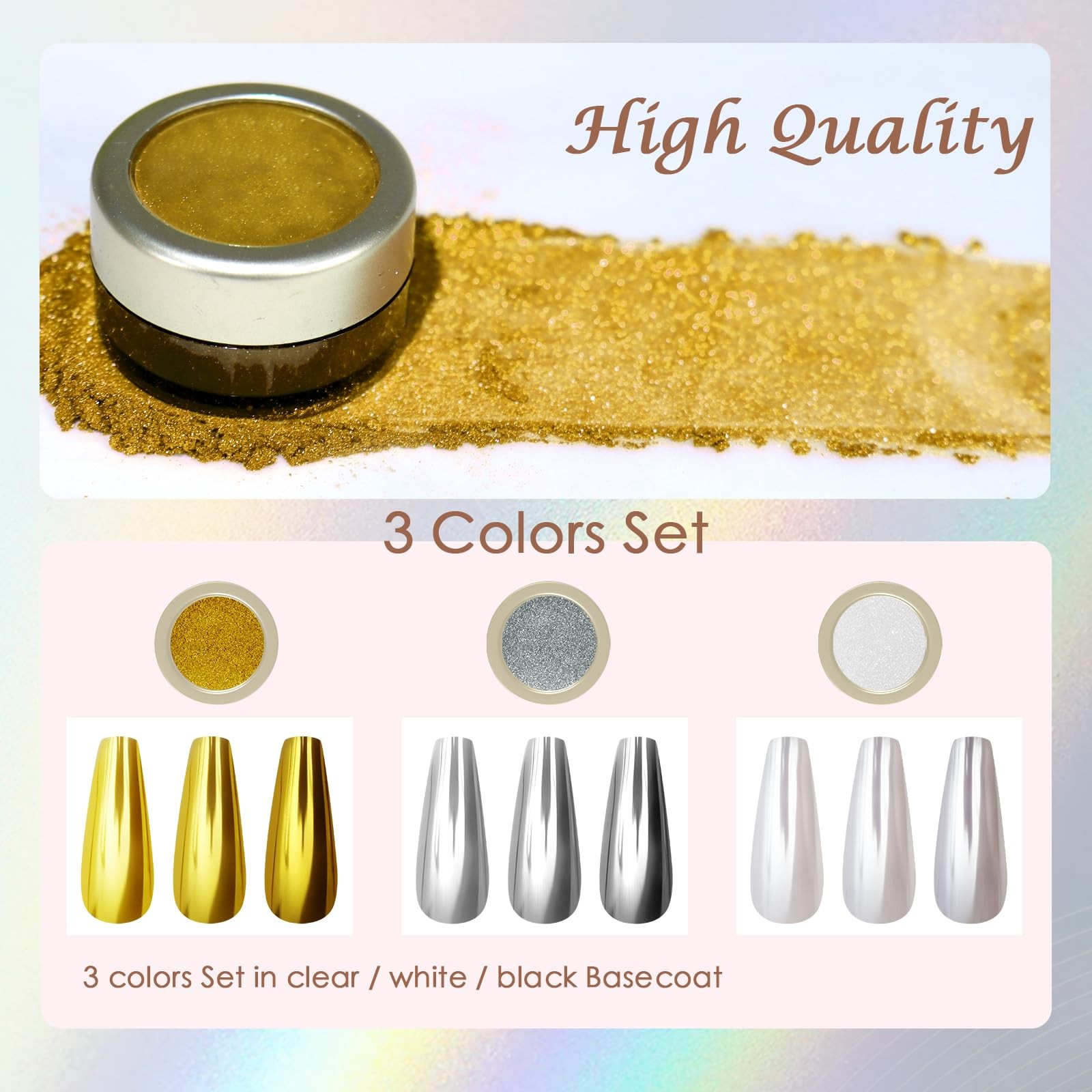 3 Colors Chrome Nail Powder Mirror Effect Metallic Dust Holographic Glitter G…