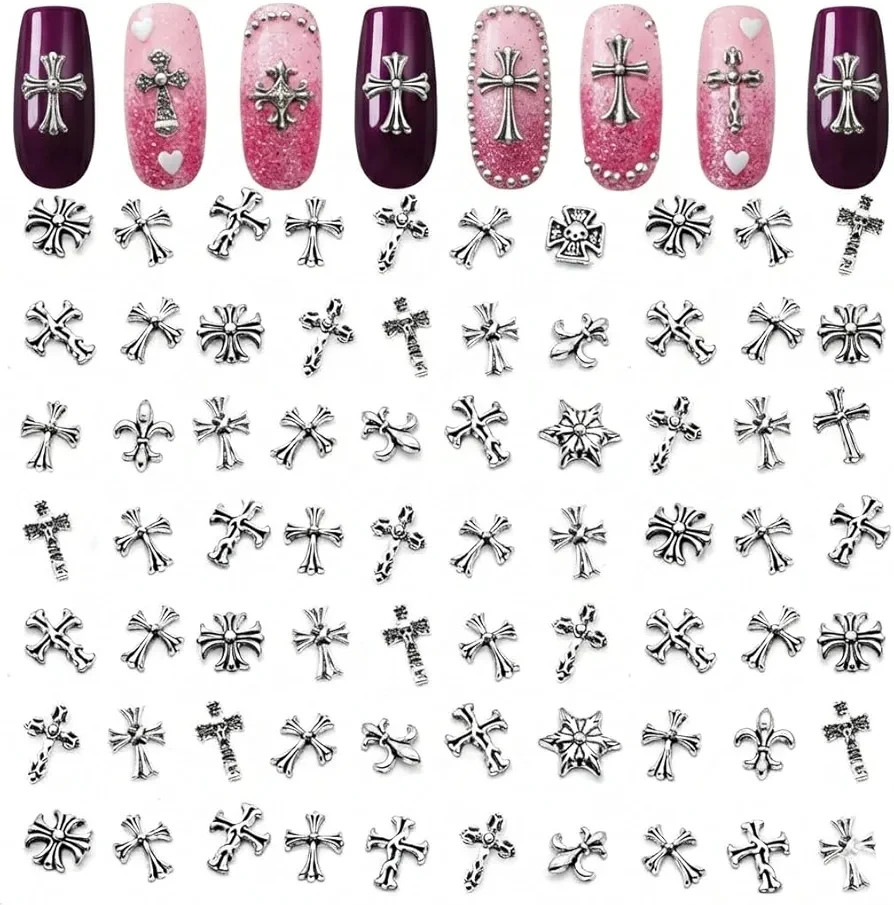 120 Silver Nail Charms, 3D Acrylic Cross Gothic Acrylic Nail Art Decorations