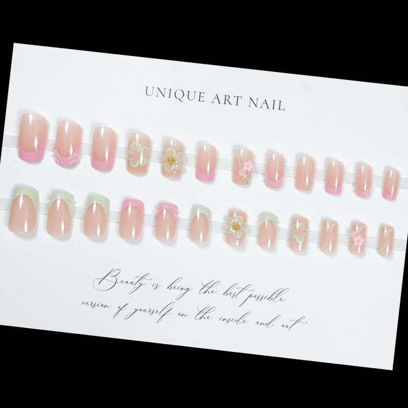 Shell French Tip Press on Nails Medium Square Fake Nails with Flower Style-25