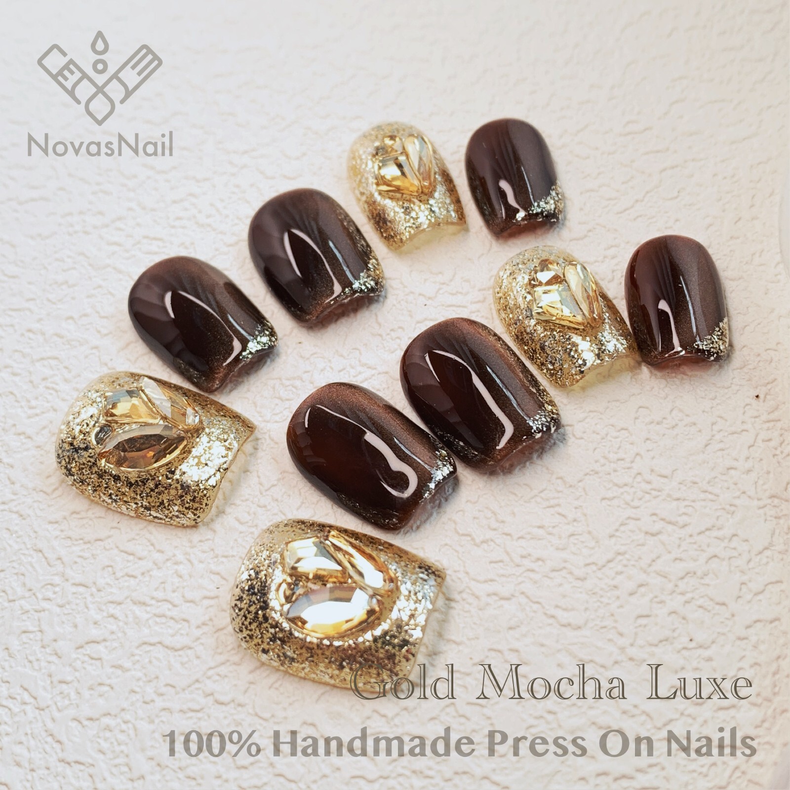 Luxurious Gold Mocha Luxe Press-On Nails | Handmade Reusable Elegant Nail Set