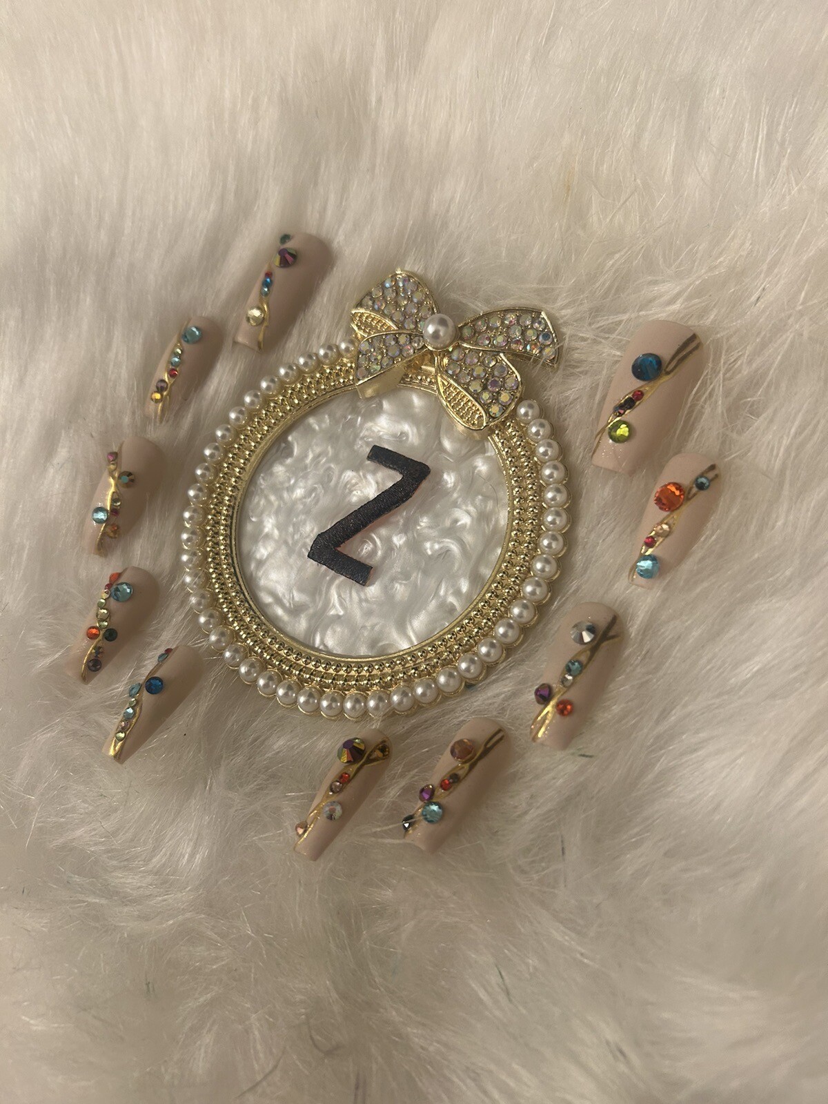 Z NAILZ! Gorgeous Handmade Set Of M Coffin Beige W/multicolored Stones Press Ons