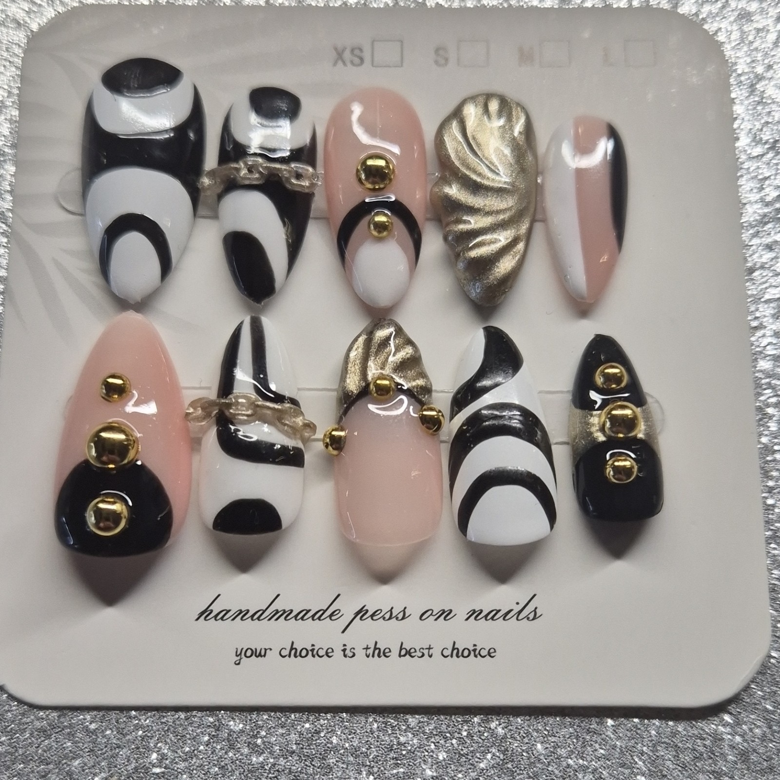 Black White Nude Gold Metallic Almond Press-On Nails Set Pre-Designed Nail Art