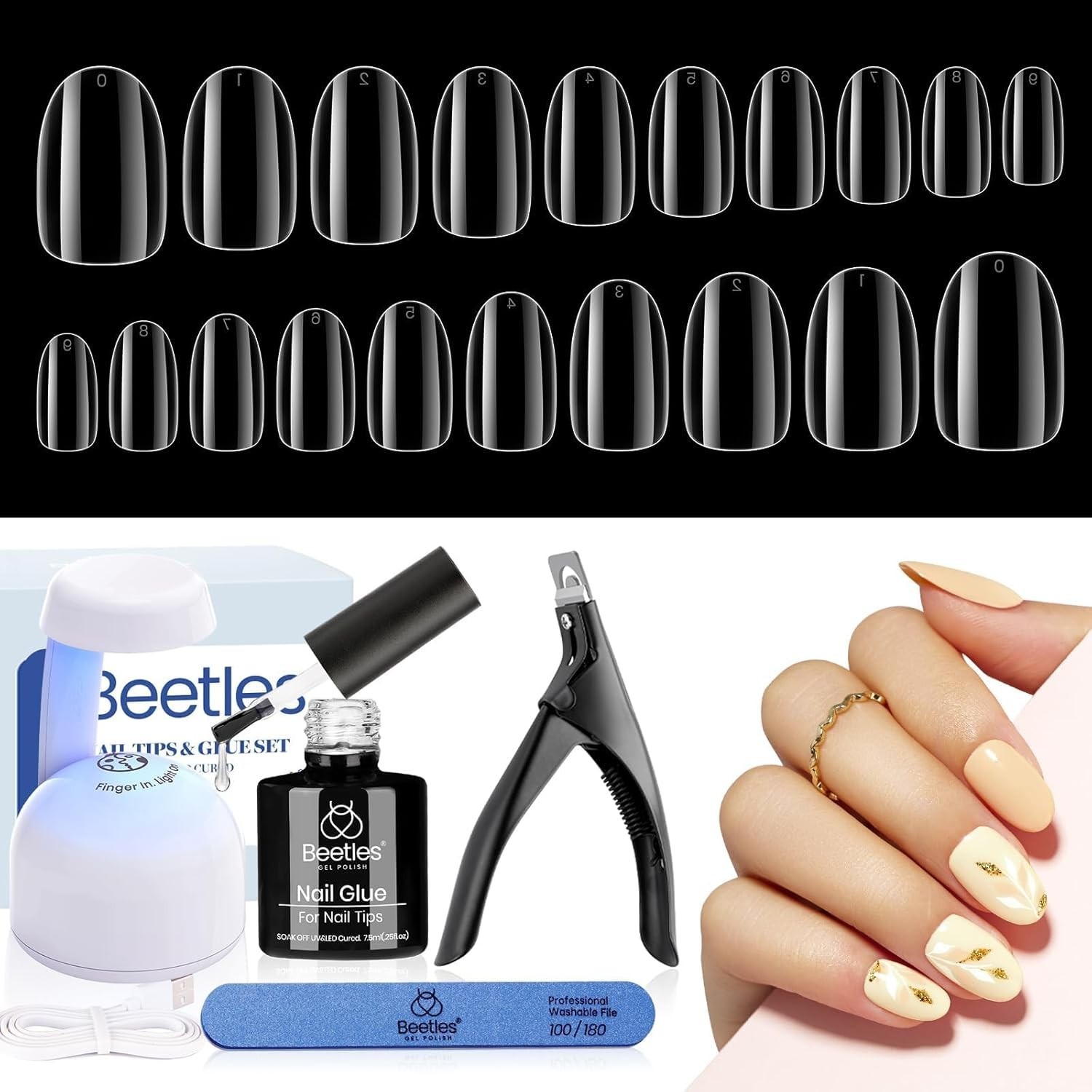 “Beetles Nail Tips 240 Oval Short + UV Lamp + 5in1 Glue 💅 Easy Gel Kit Women “