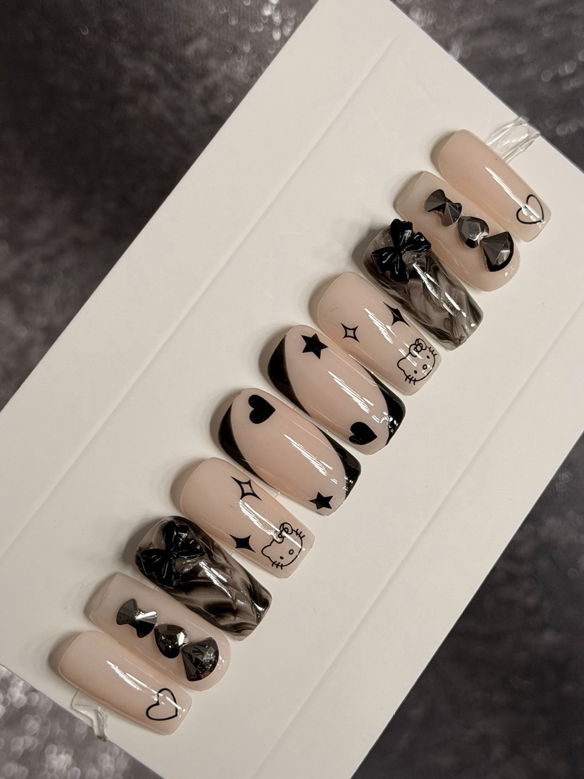 ✨ CUSTOM Press On Nails Nude BLACK HELLO KITTY BLING BOW 10p SET W Kit