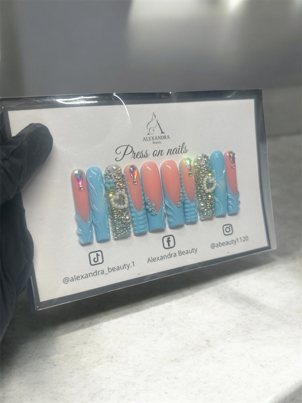 Custom press-on nails, handmade by a professional manicurist and spa gift kit.
