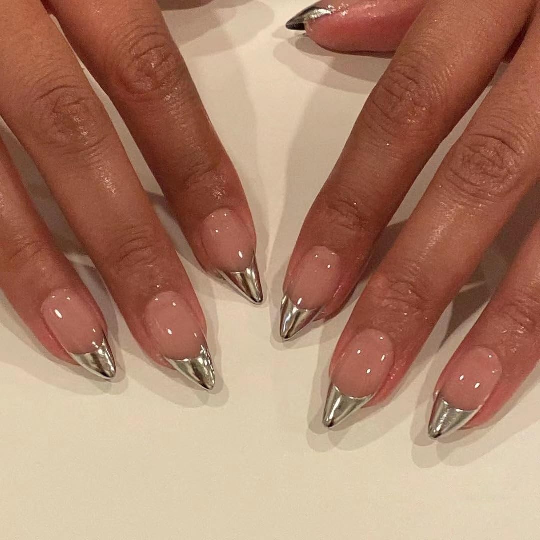 Sliver French Tip Press On Nails Almond – KQueenest Chrome Press On Nails Med…