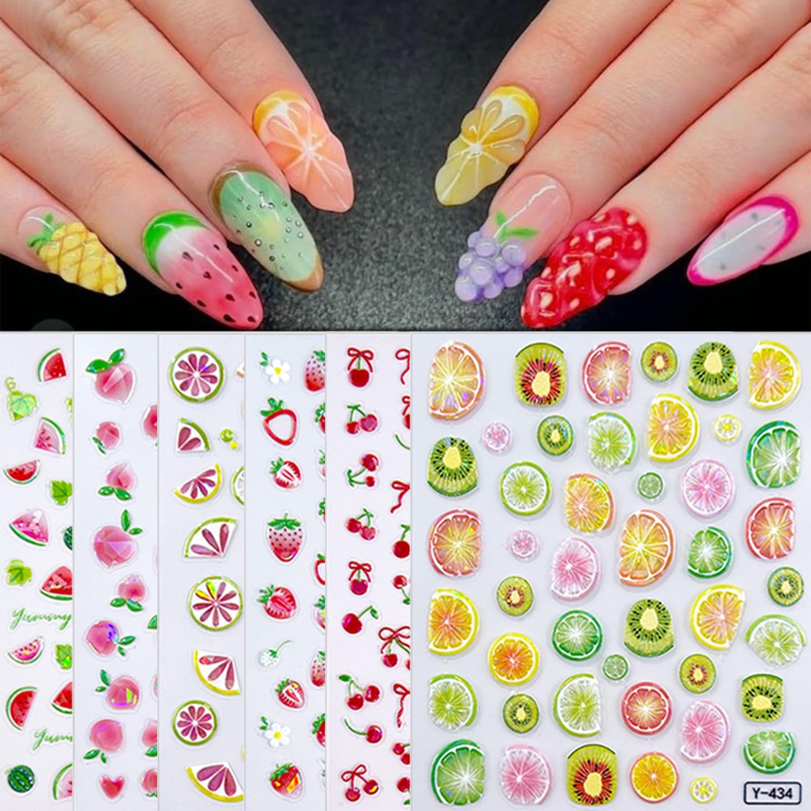 6Sheet 5D Embossed Lemonade Fresh Fruit Nail Stickers 3D -Adhesive Peach Wate…