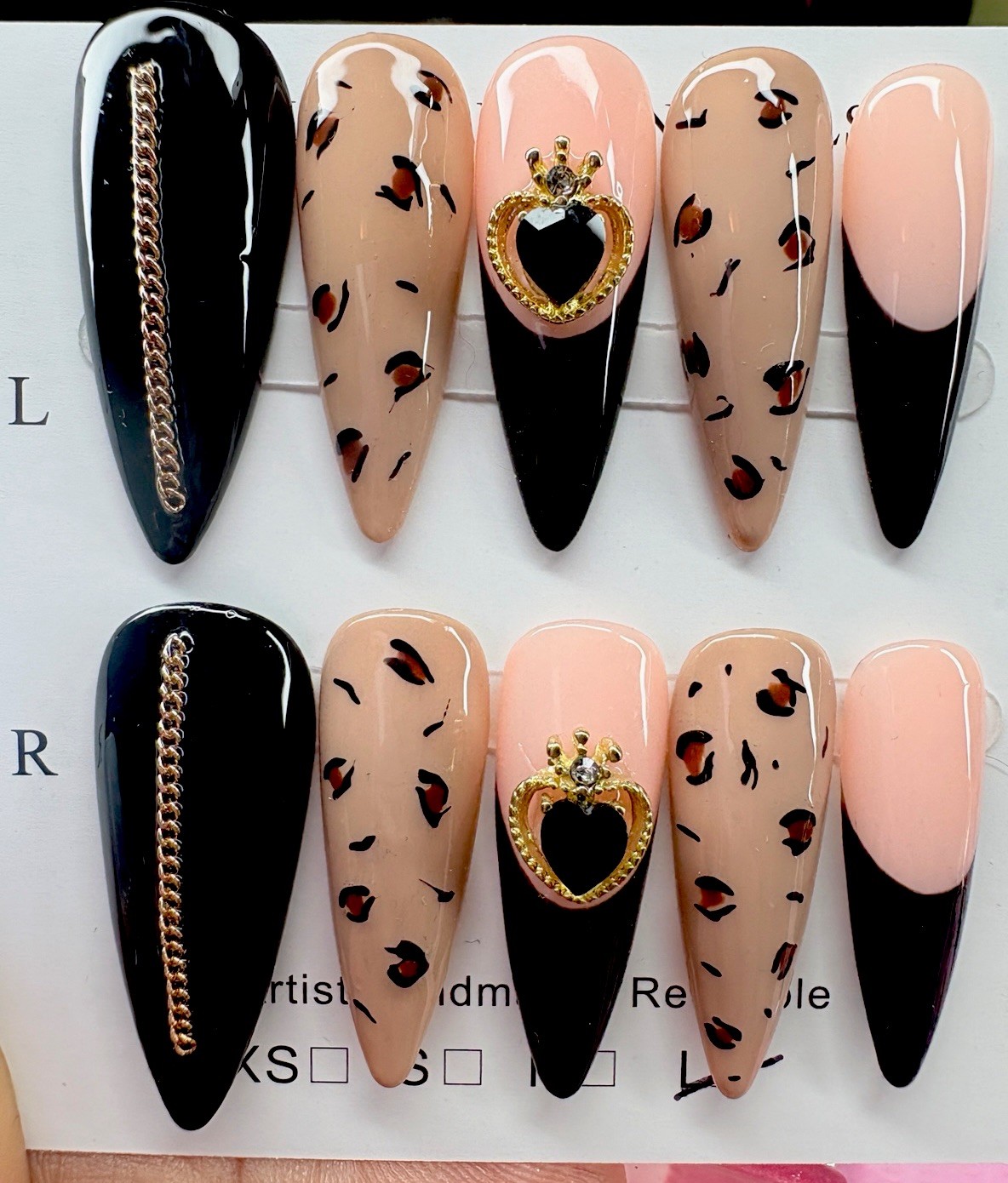 Long Stiletto Press-On Nails Black Nude Gold 3D Shiny Full Cover Heart Animal