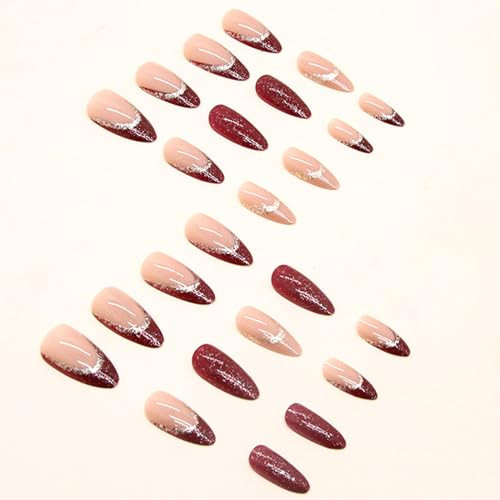 Medium Press on Nails Almond Burgundy Burgundy French Tip & Silver Glitter