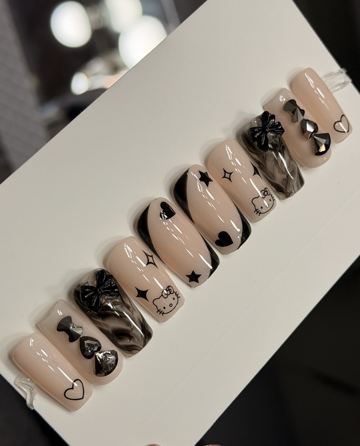 ✨ CUSTOM Press On Nails Nude BLACK HELLO KITTY BLING BOW 10p SET W Kit