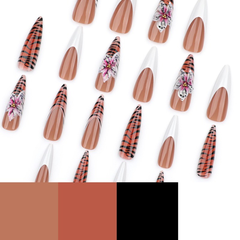 Tiger Print Press on Nails with 3D Pink Flowers and White French Tips, Stiletto