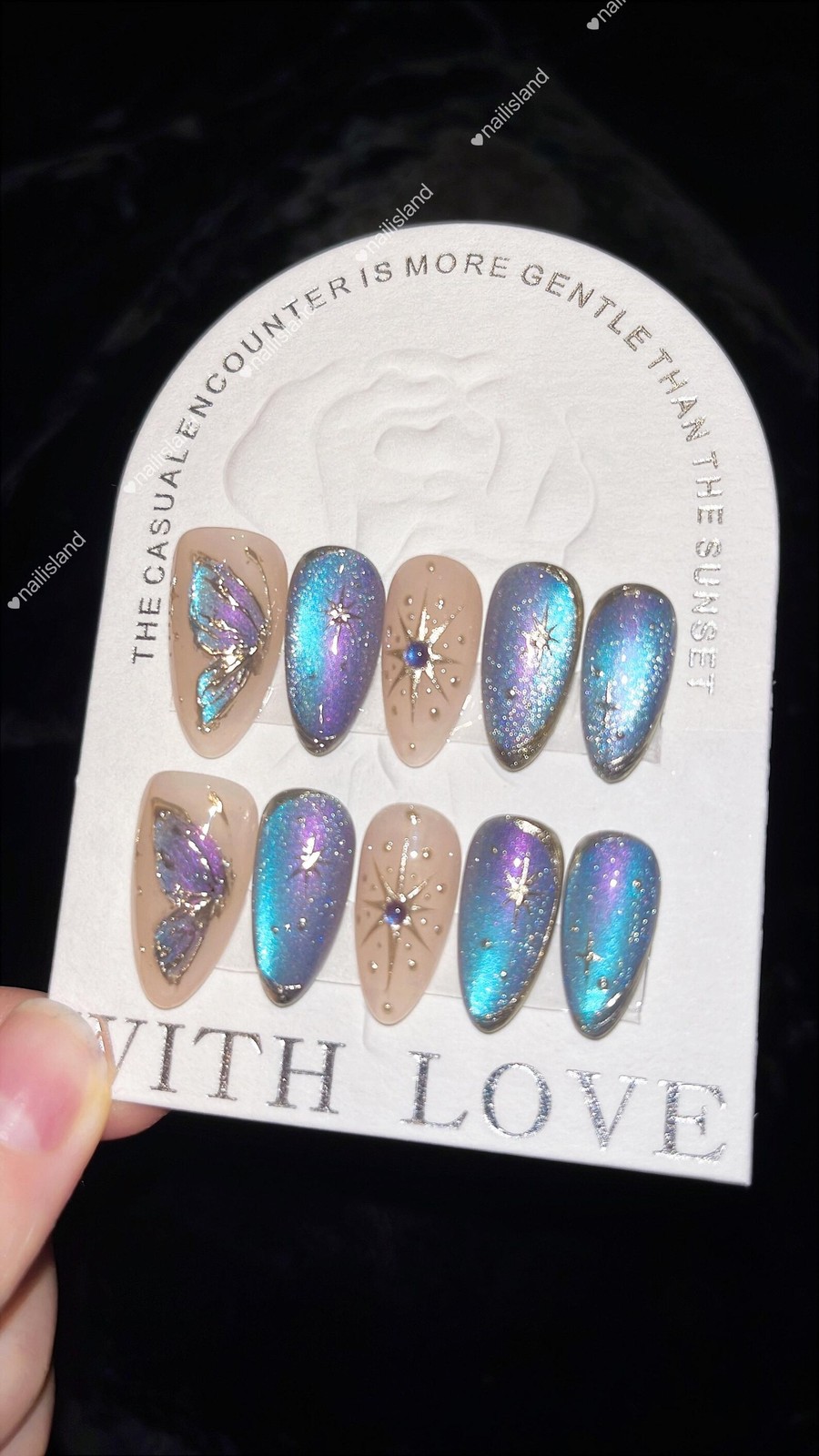 Handmade Iridescent Cat Eye Butterfly Rhinestone Medium Almond Press on Nails