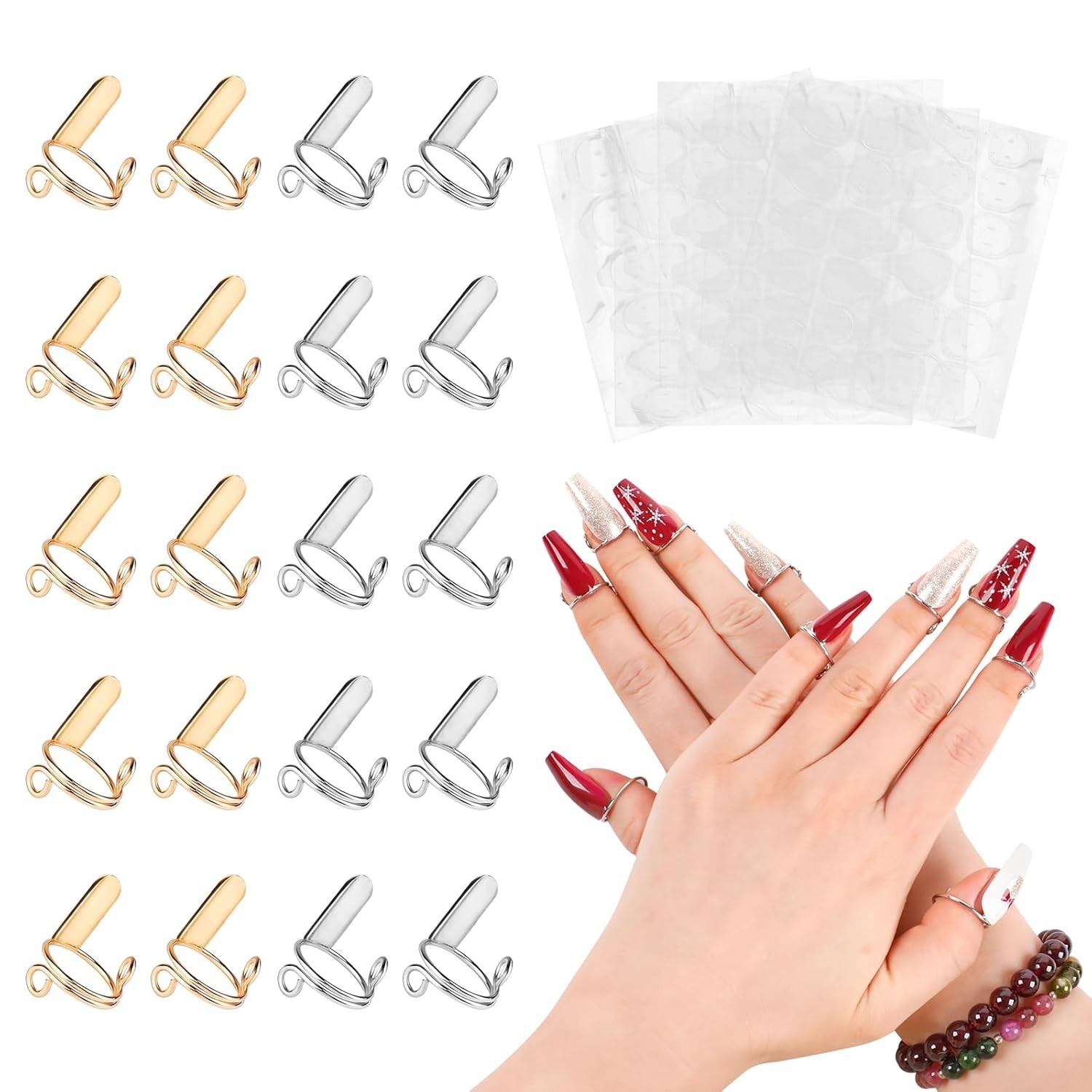 20Pcs Wudu Nail Rings Reusable with 120 Adhesive Tabs Gold & Silver Muslim