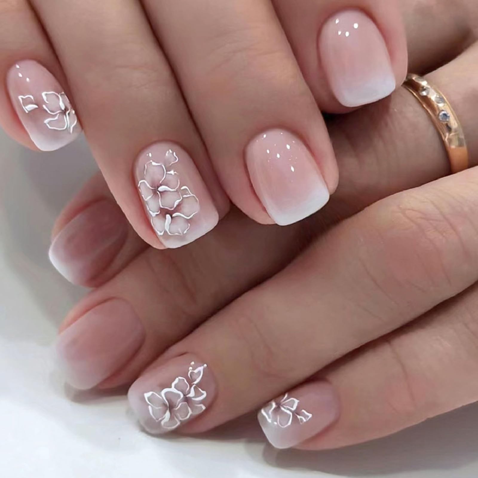 24Pcs Floral Press on Nails Short Square Fake Nails with Flower Full Cover Gr…