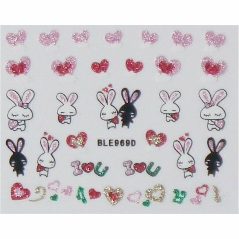 Nail Art 3D Stickers Decals White Blue Black Pink Heart Rabbit BLE969D