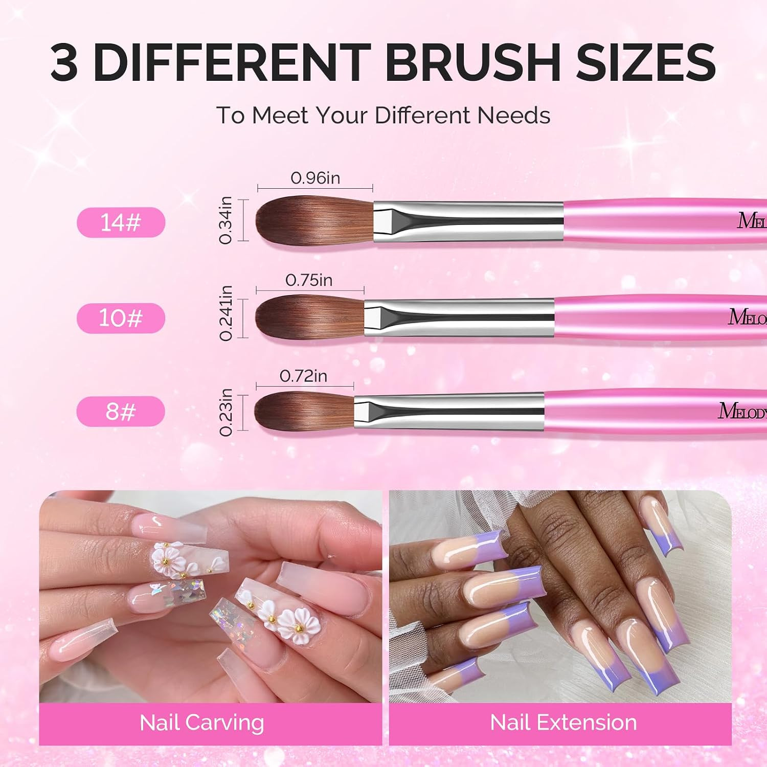 Acrylic Nail Brush Set, Size 8,10,14 Professional Pink Silver Nail Brushes with