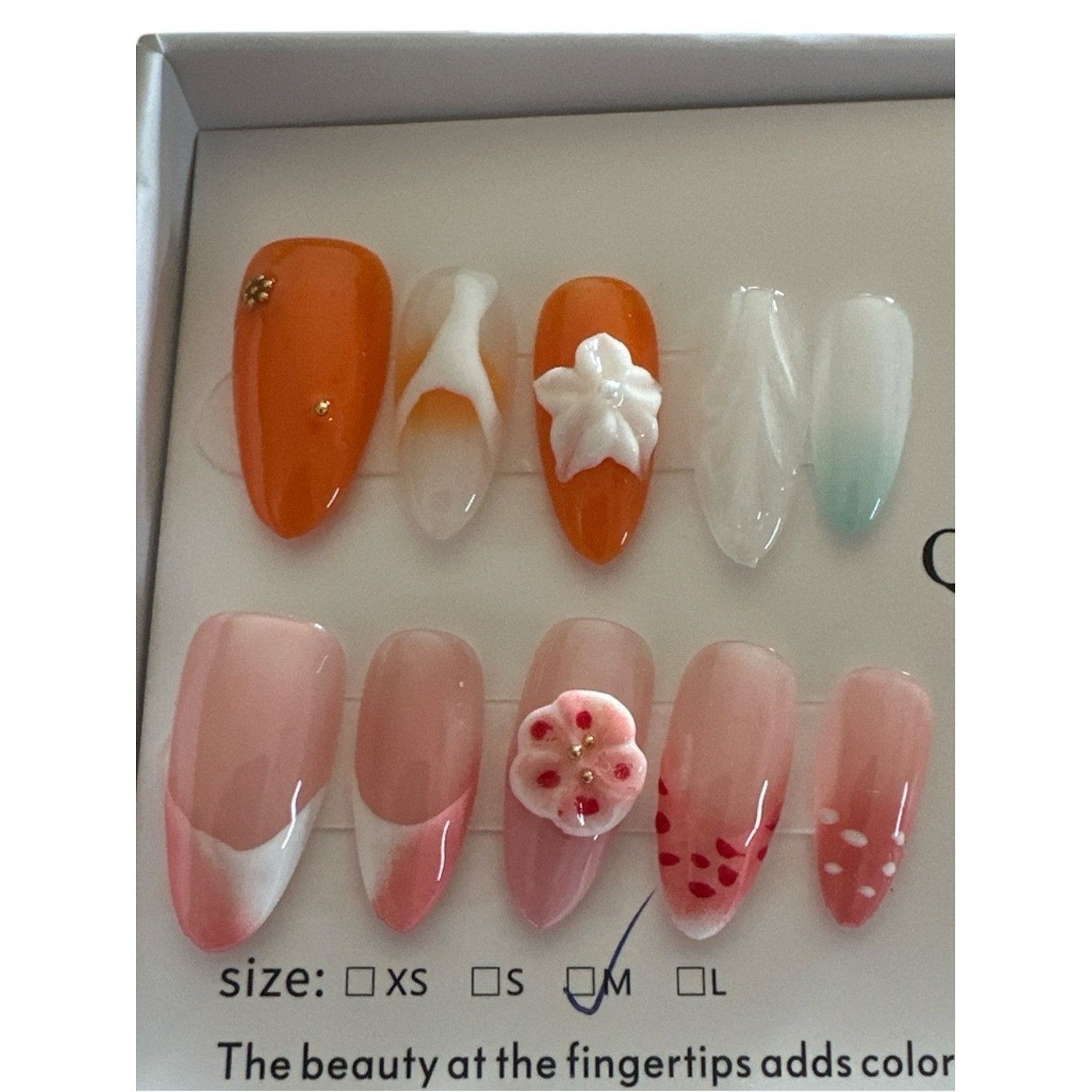 QINSINGE Studio 3D Floral Press On Nails Orange Pink Almond Reusable Size M