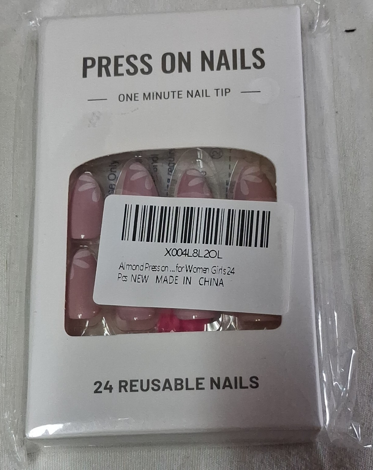 French Almond Press-On Nails Pink White Reusable Pre-Designed Acrylic 24 Tips