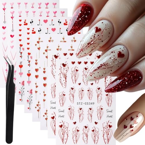 8pcs Mini Heart Nail Art Stickers with Golden Line, Valentine’s Day Romantic