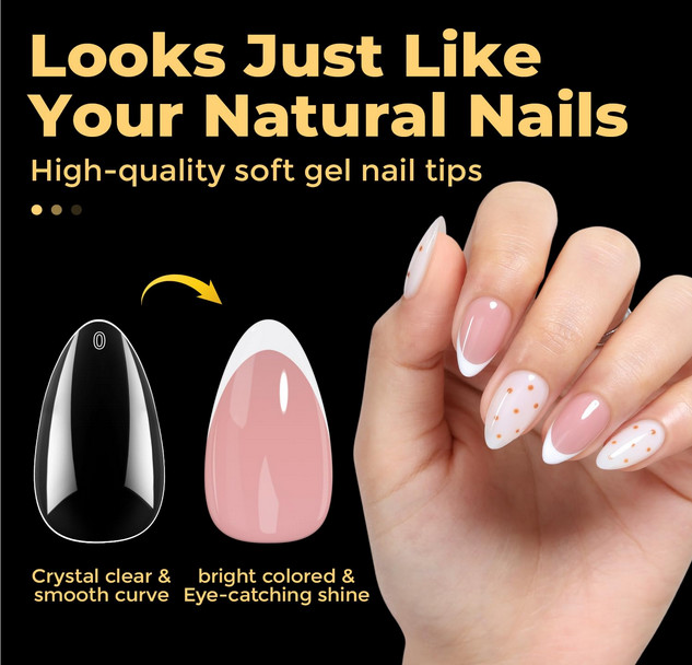 Short Almond Nail Tips 216pcs Clear Soft Gel Full Cover 12 Sizes DIY Set