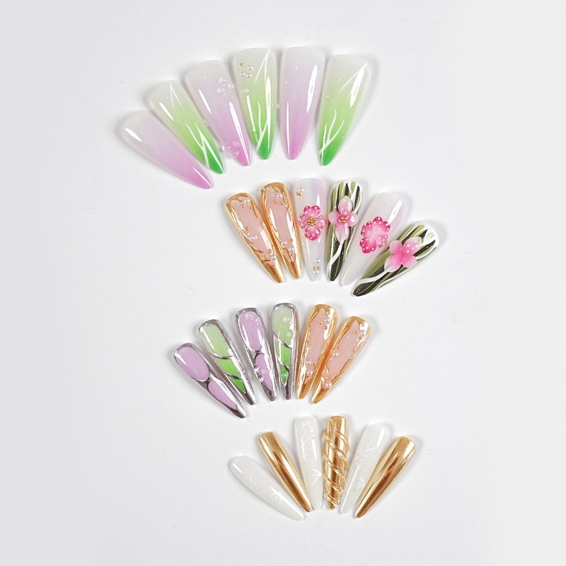 48Pcs-Long Almond Green Purple Gradient Gold Line Water Pearl Press on Nails Set