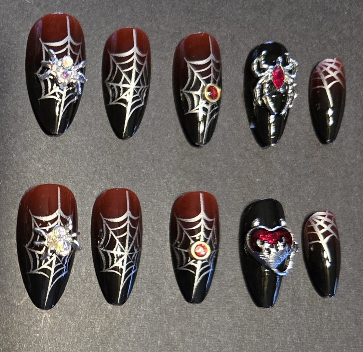 Black Red Silver Spiders Webs Red Gemstones Press On Nails Halloween Decorated