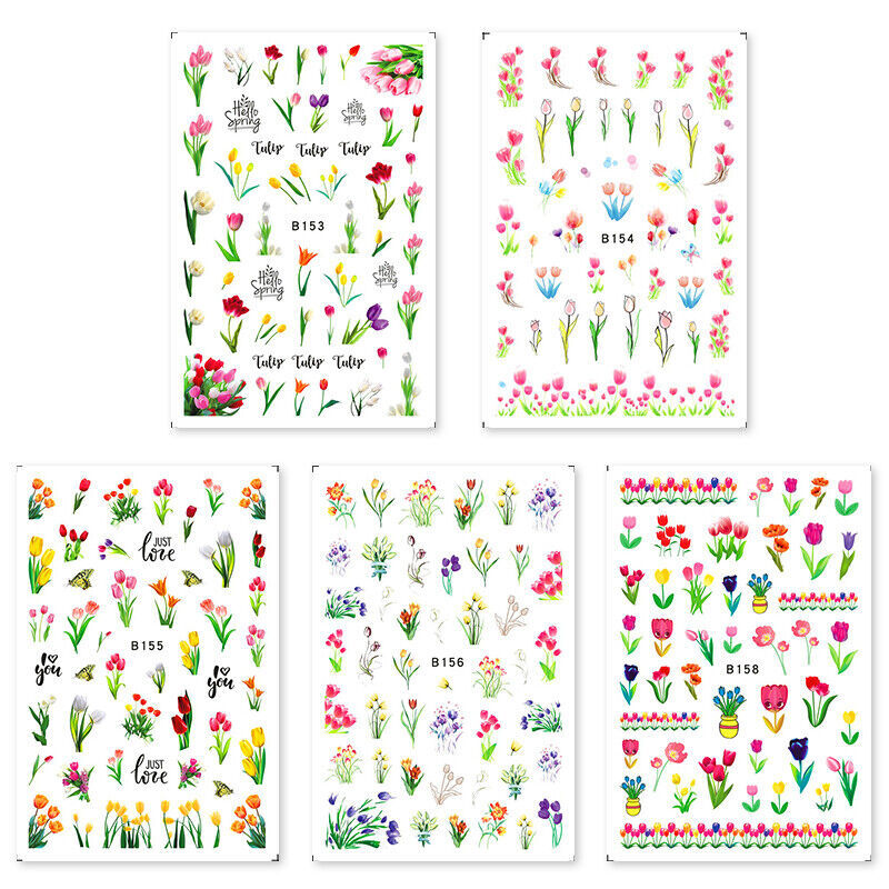 3D Nail Art Stickers Transfers Decals Spring Flowers Floral Fern Tulips DIY NS41