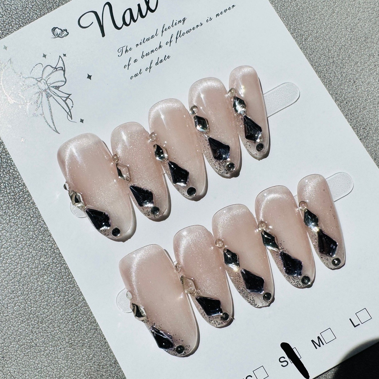 Press-On Nails Square Medium Pink/Black/Silver Shimmer Rhinestone Full Cover