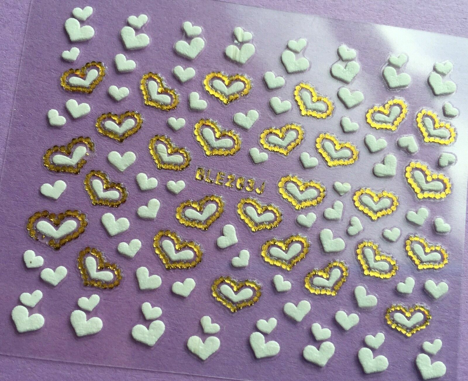 Nail Art 3D Decal Stickers White Hearts Gold Accents BLE263J