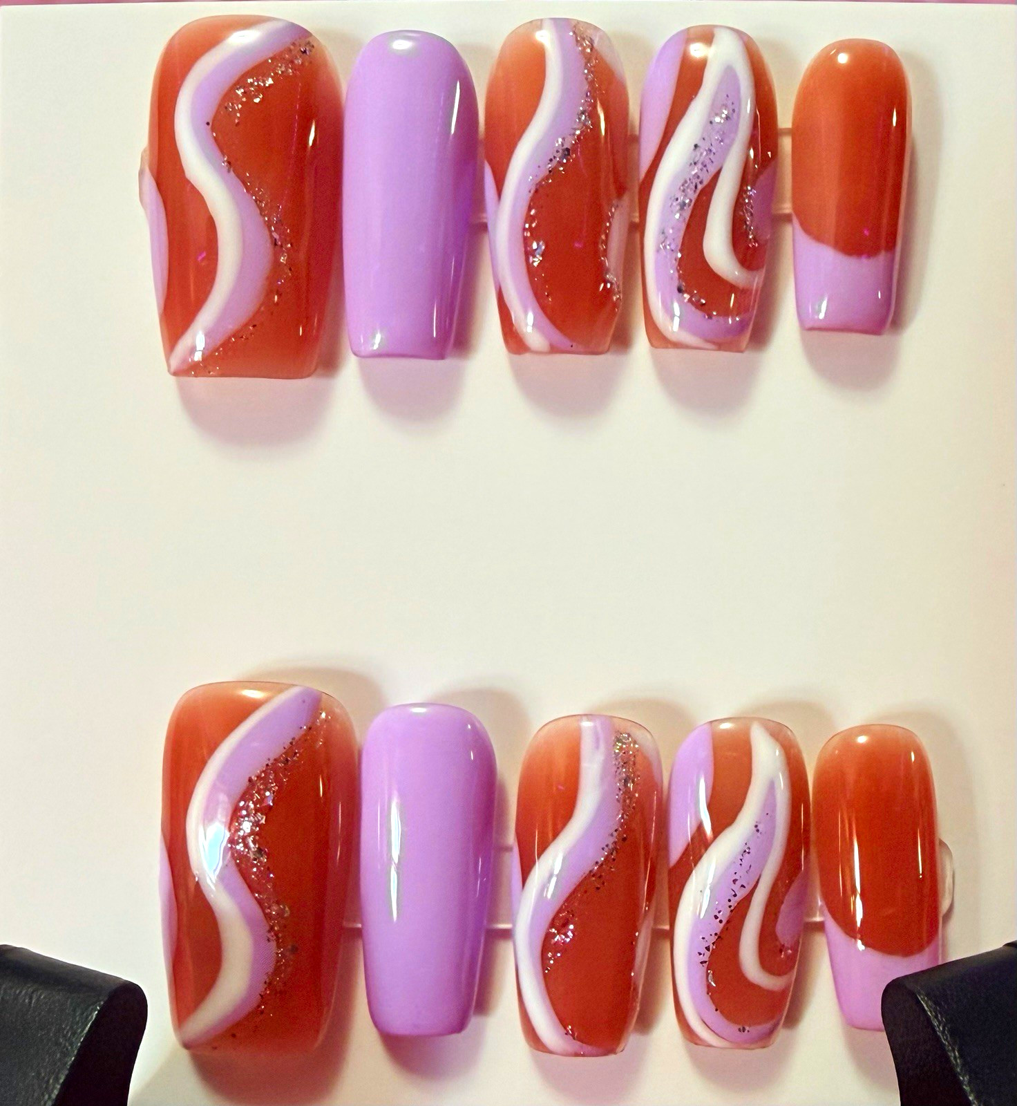 Purple/Orange/White Abstract Swirl Glitter Square Press-On Nails, Medium Acrylic