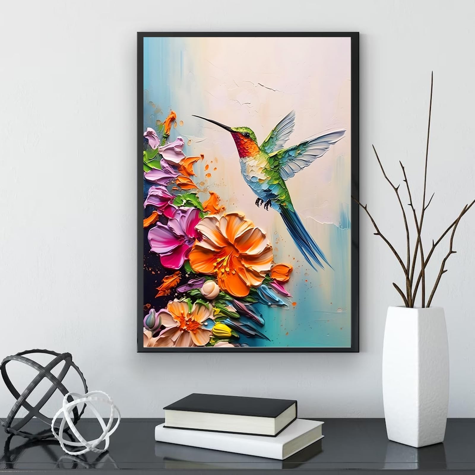 2D No Texture Colorful Painting Style Hummingbird Wall Art,Spring Flowers Can…