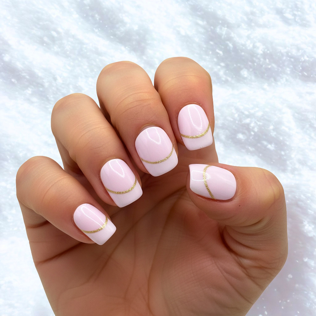 THE MIMO Press-On Nails Square – Pastel Pink with Gold Glitter Line, 24pcs Reusa