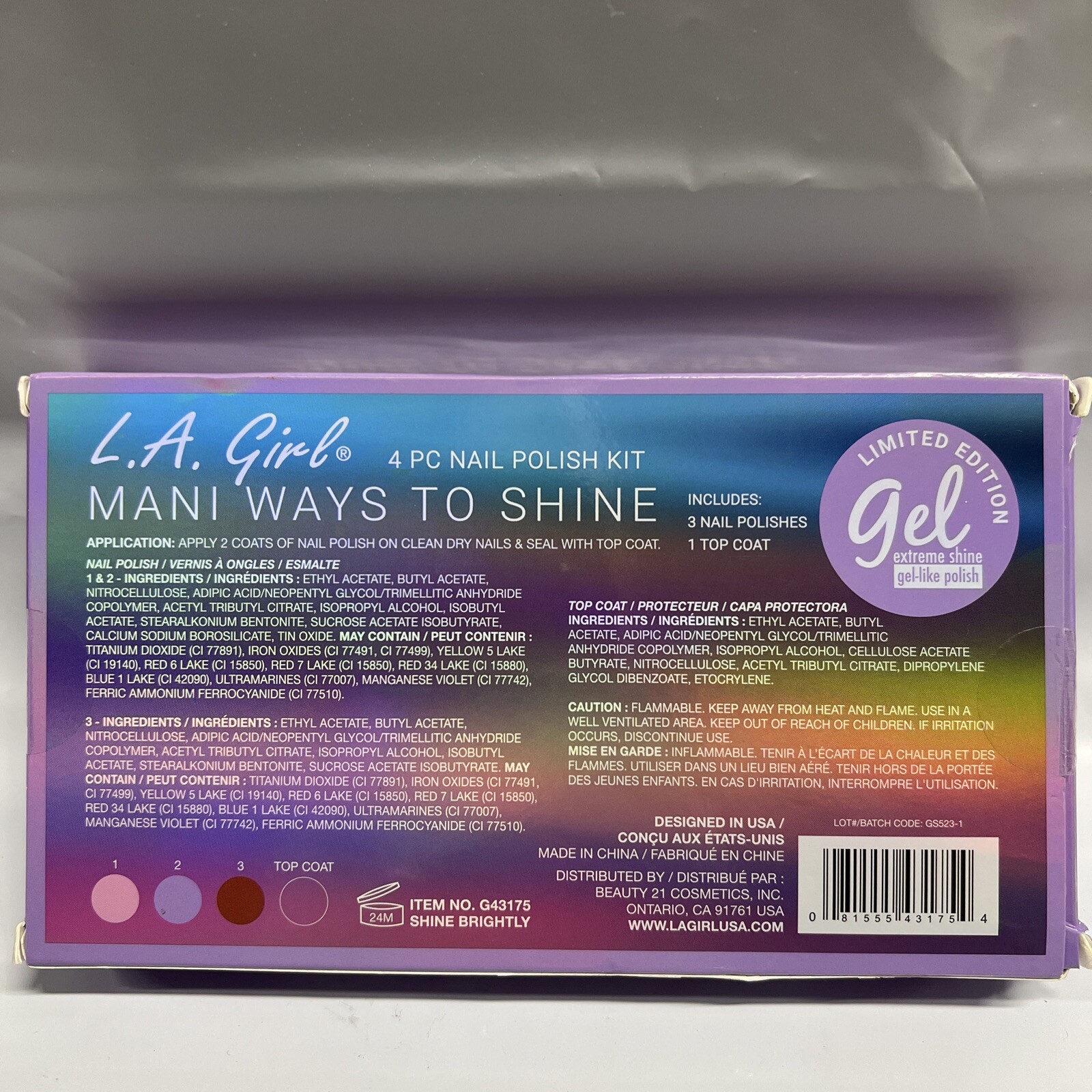 LA Girl Mani Ways To Shine Limited Edition Gel Extreme Shine Gel Like Polish 4pc