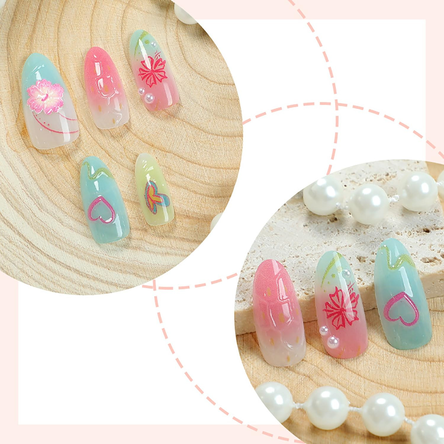30Pcs Summer Press on Nails Medium Almond Fake Nails with 3D Starfish Designs, 3