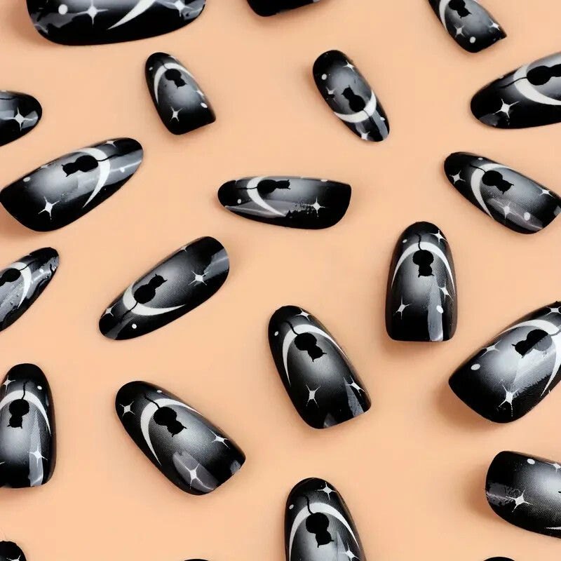 48 Pcs 2 Boxes Black Cat Moon Mystical Press On Nails Halloween Oval Almond NIB