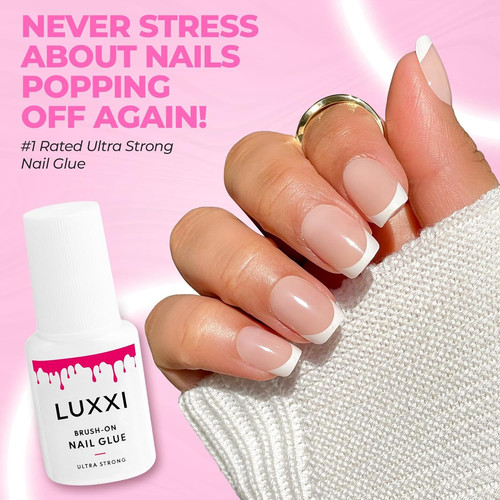 LUXXI Super Strong Brush On Nail Glue for Press Nails | Best Pink Gel