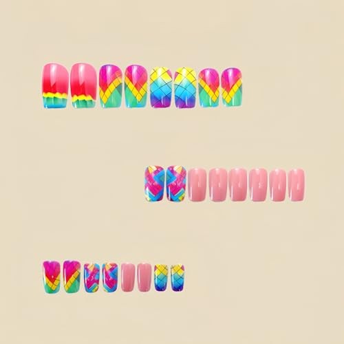 Square Press on Nails Colorful Rhombus Plaid Design Fake Nails Medium Style 8