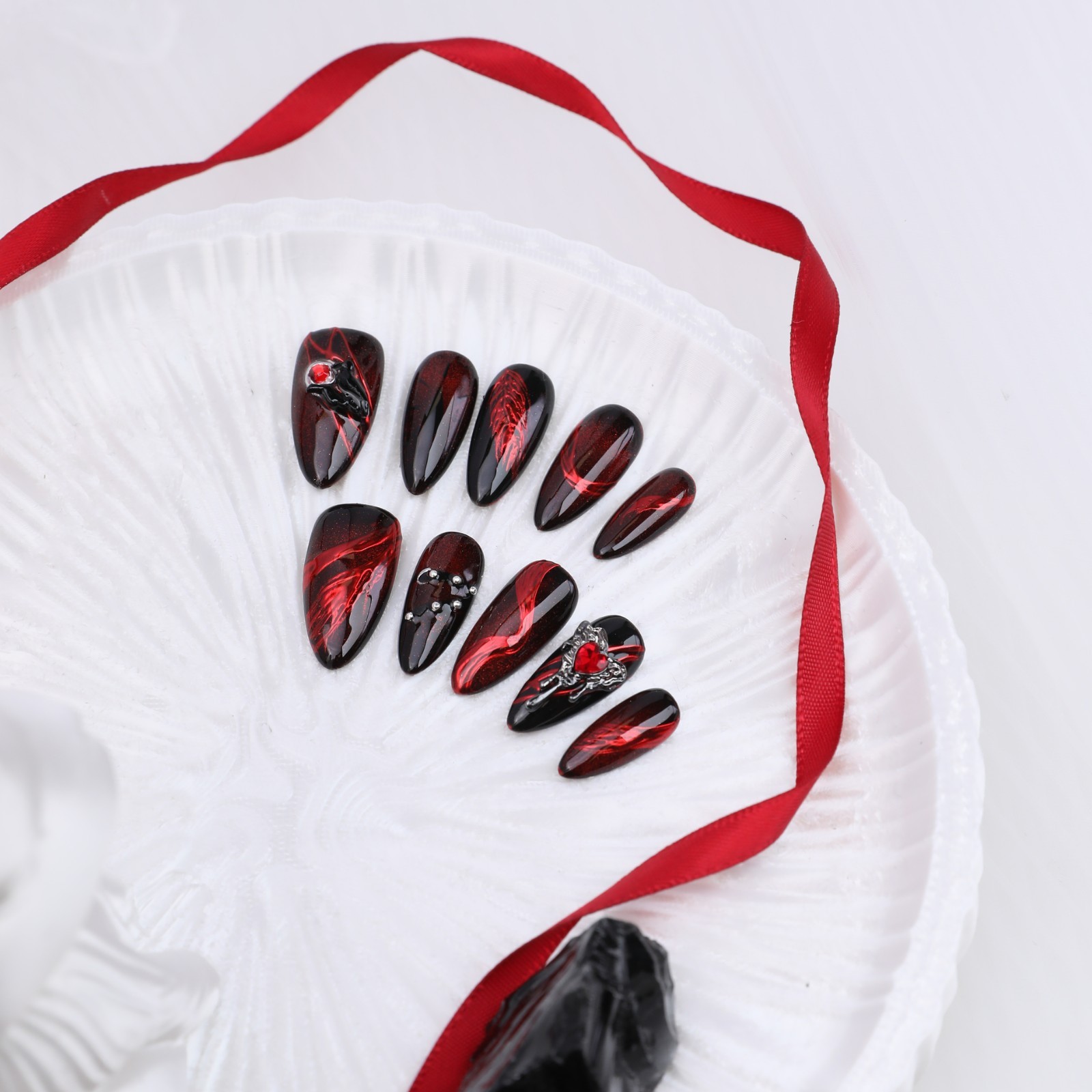 Press On Nails Medium Almond Black Red Cat Eye Rhinestone Gothic Halloween Nails