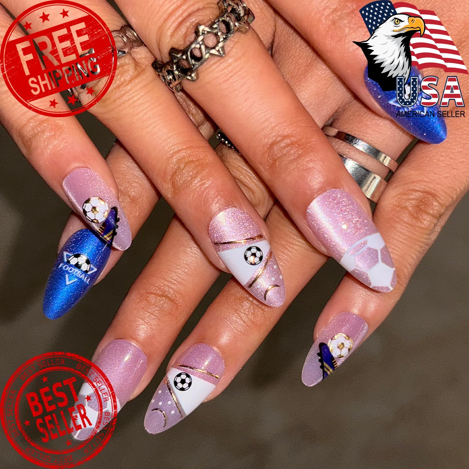Rdntbeu 24pc Cat Eye Soccer Press On Nails Medium Almond