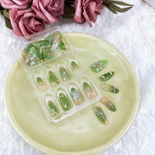30pcs Green Press on Nails Medium Almond Fake Nails With 3D Flower Handmade-1