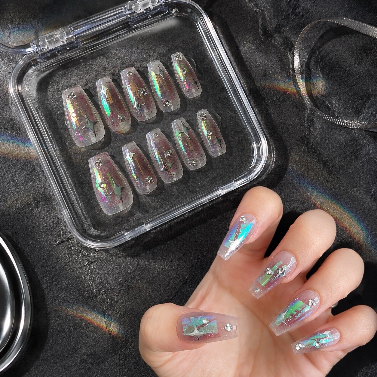 SooJoo Nails Press-On Nails Long Coffin Clear Silver Iridescent Glitter Star